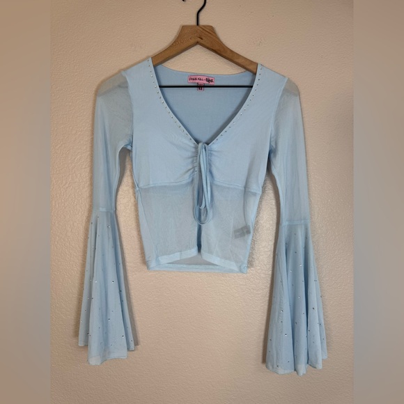 Dolls Kill Tops - Dolls Kill x Bratz Call Me Angel Light Blue Rhinestone Long Sleeve Blouse XS